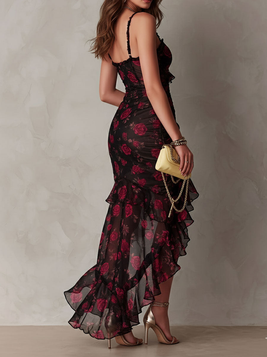 Amelia | Ruched Ruffle Hem Maxi Dress