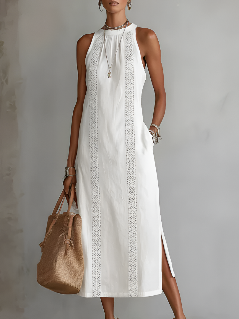 Teresa | Linen Midi Dress with Mandarin Collar