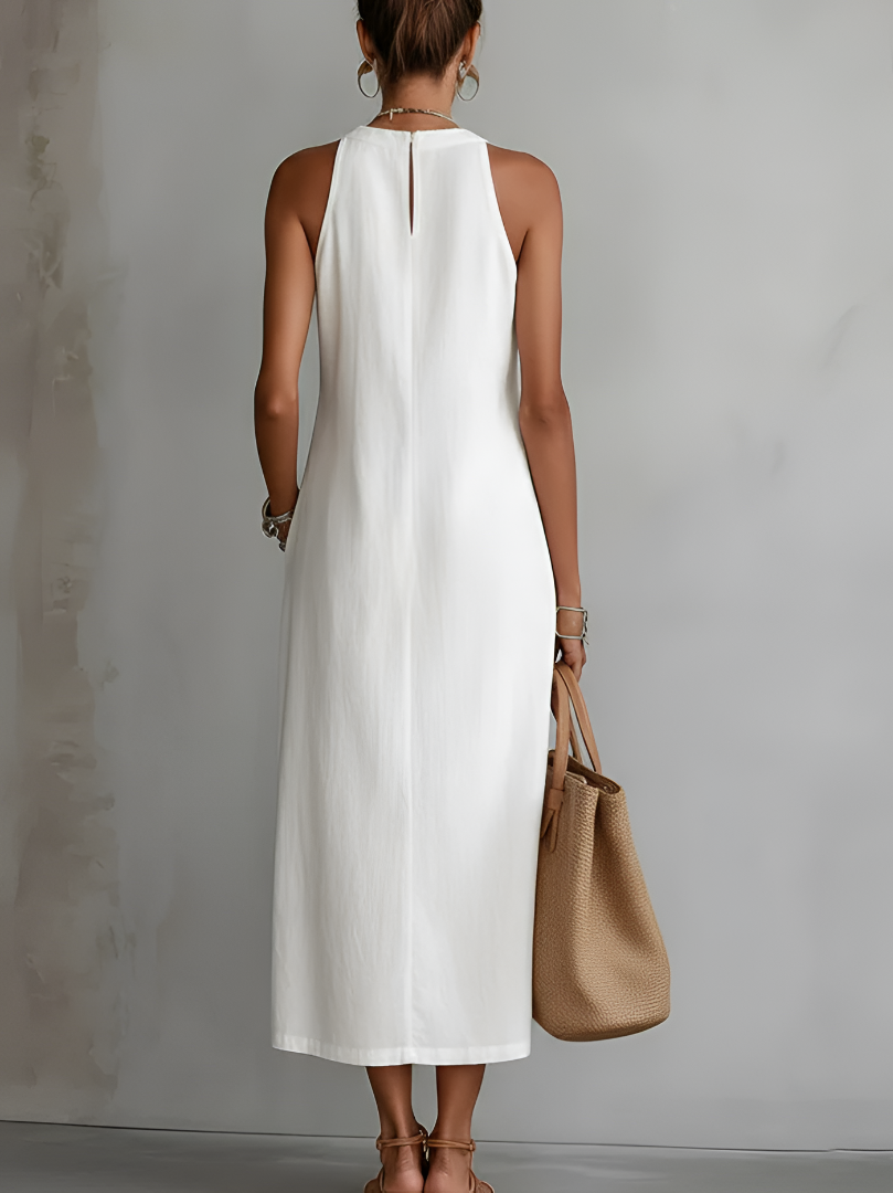 Teresa | Linen Midi Dress with Mandarin Collar