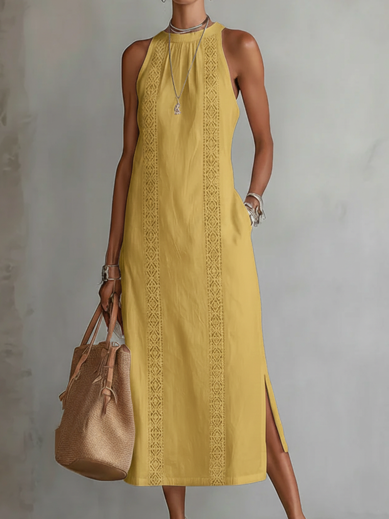 Teresa | Linen Midi Dress with Mandarin Collar