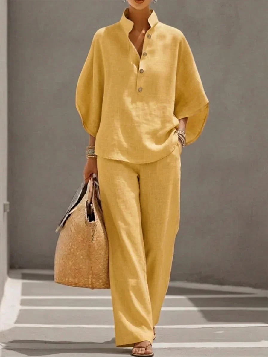 Maribel™ | Linen Set with Batwing Sleeves and Wide-Leg Pants
