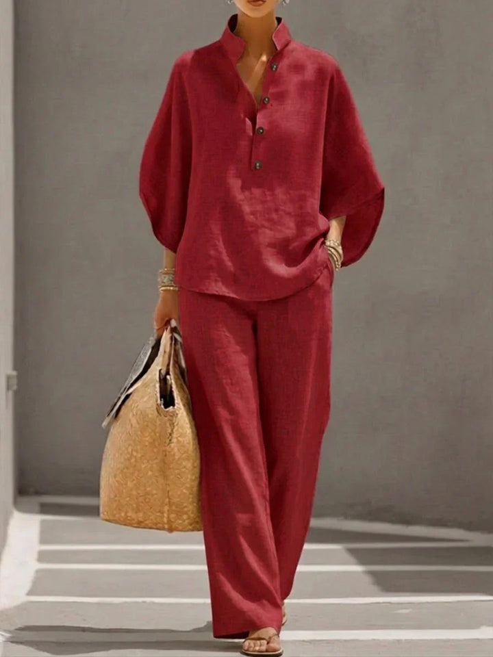 Maribel™ | Linen Set with Batwing Sleeves and Wide-Leg Pants