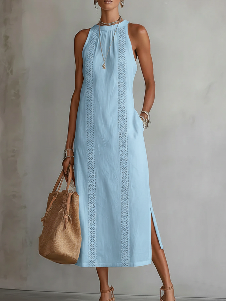Teresa | Linen Midi Dress with Mandarin Collar