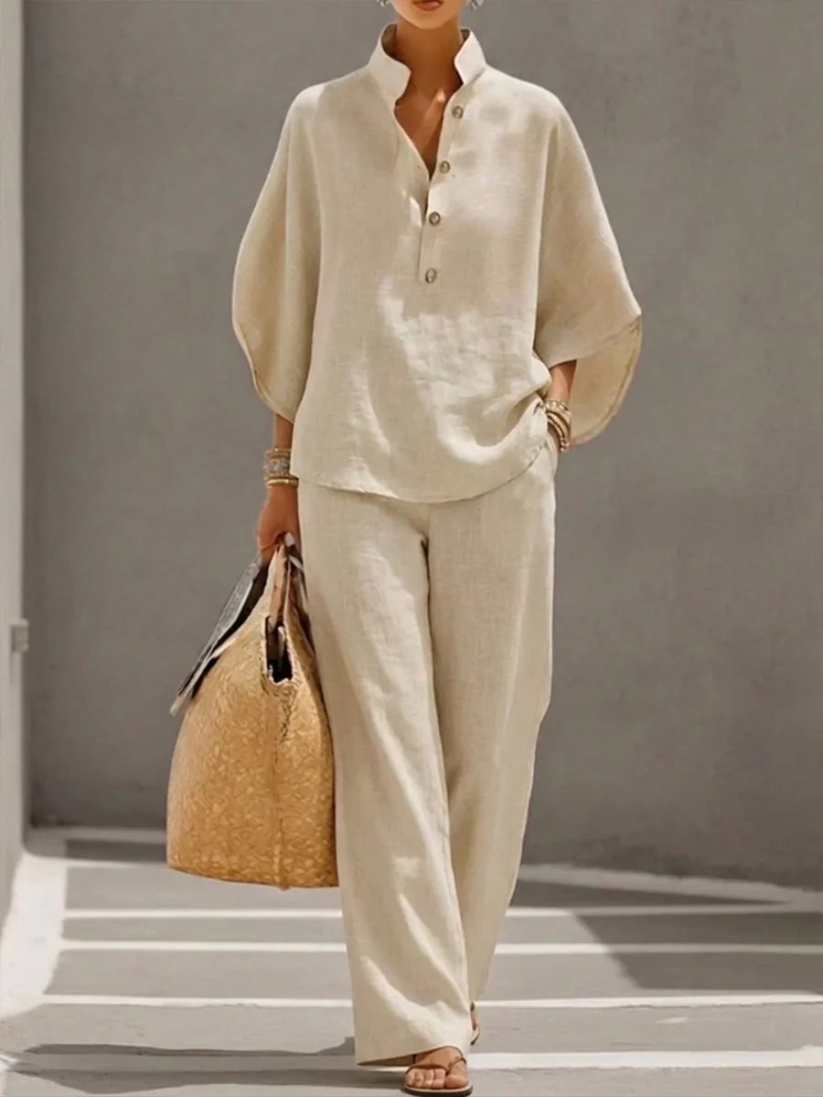 Maribel™ | Linen Set with Batwing Sleeves and Wide-Leg Pants