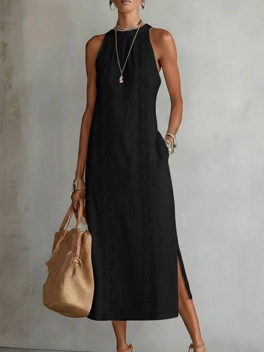 Teresa | Linen Midi Dress with Mandarin Collar