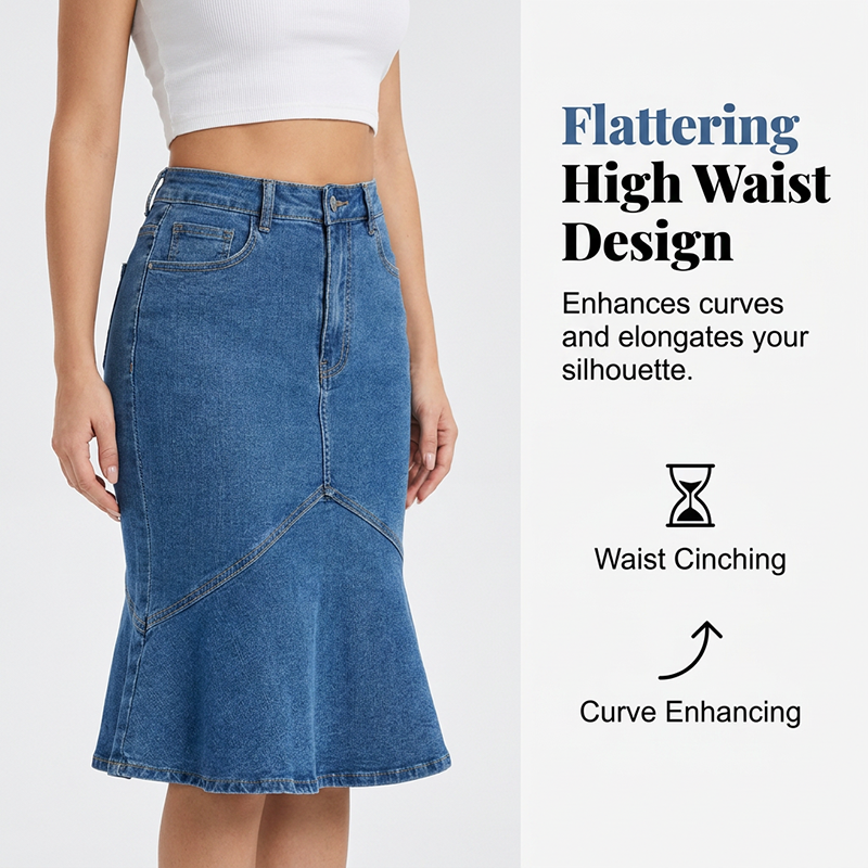 Ivessia - Jupe midi denim femme taille haute coupe sirène