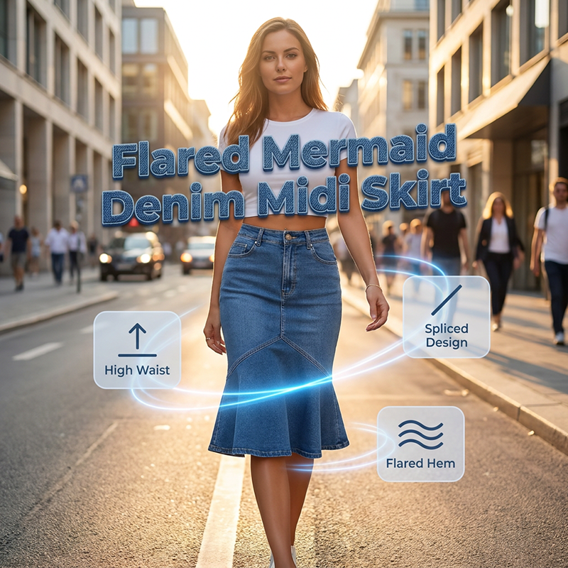 Ivessia | High-Waist Mermaid Denim Midi Skirt
