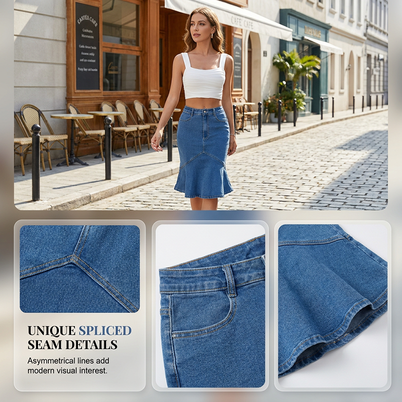 Ivessia - Jupe midi denim femme taille haute coupe sirène