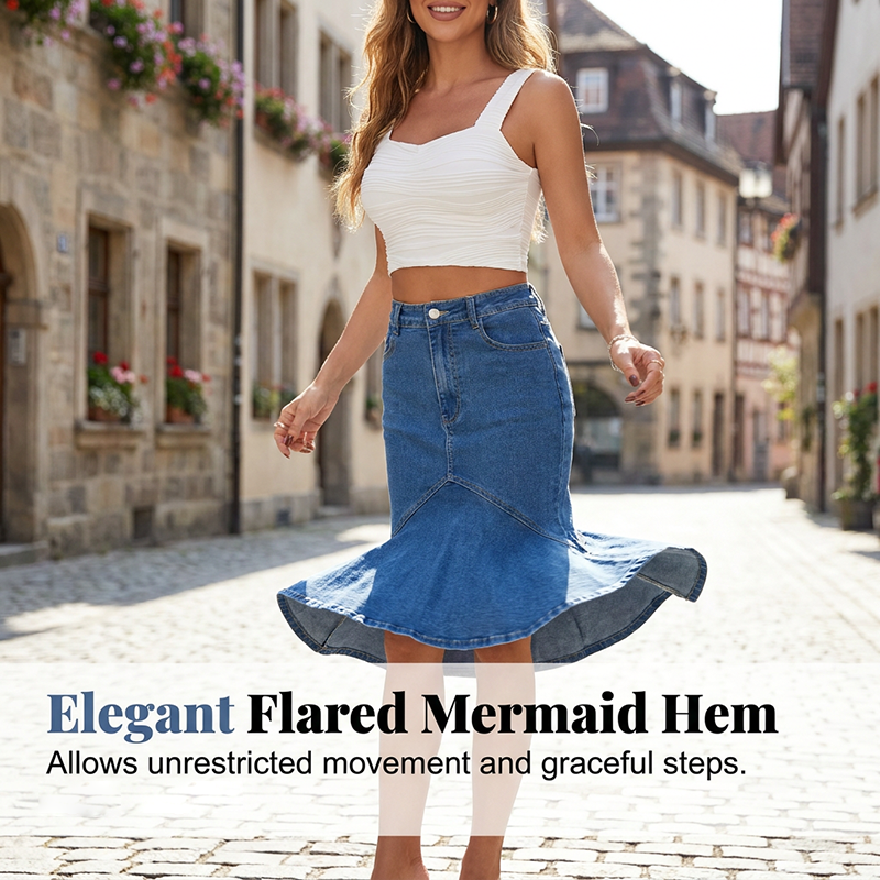 Ivessia | High-Waist Mermaid Denim Midi Skirt