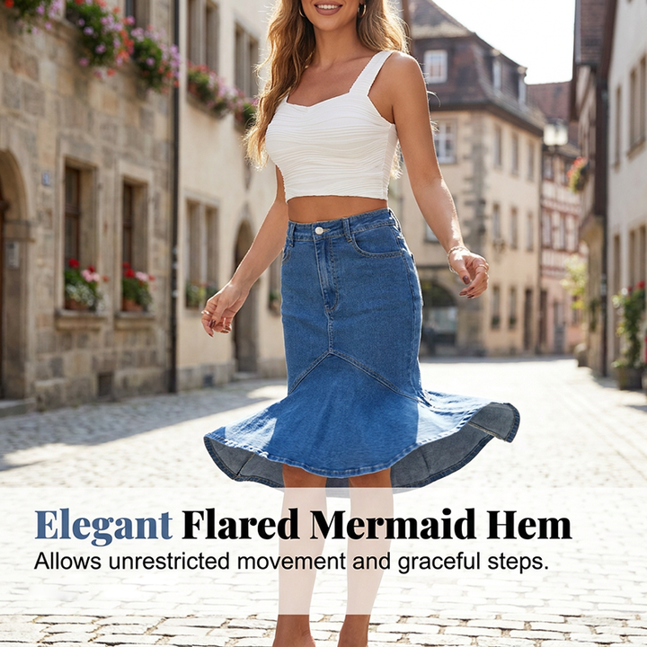 Ivessia - Jupe midi denim femme taille haute coupe sirène