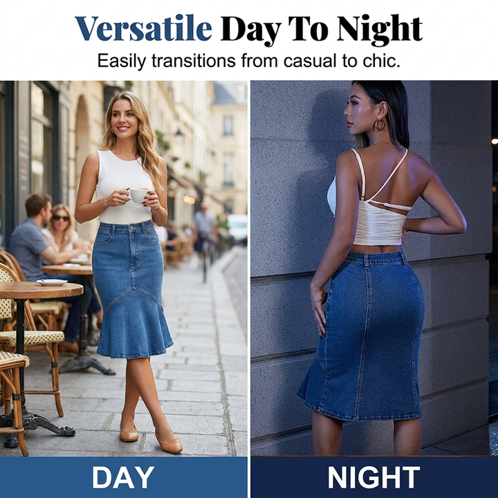 Ivessia - Jupe midi denim femme taille haute coupe sirène